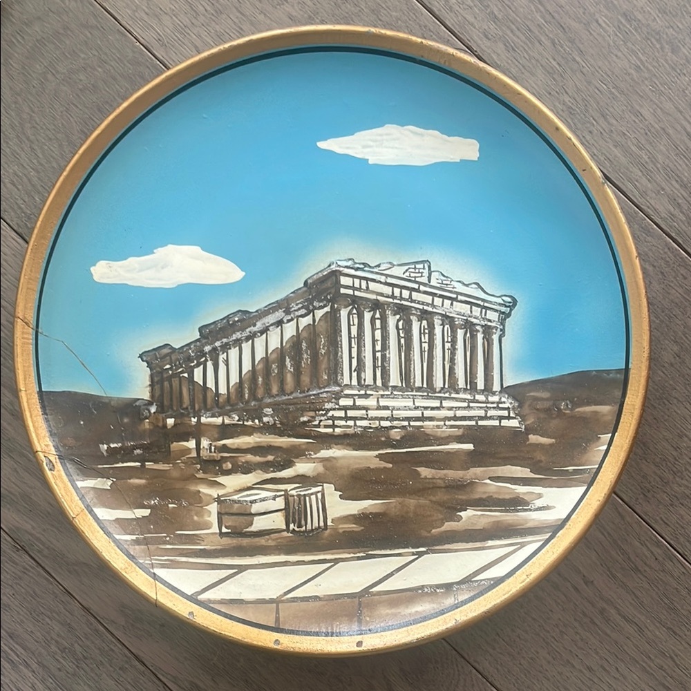 Vintage Greek Parthenon Acropolis Hand Made Decorative Plate Gold Rim 8.75